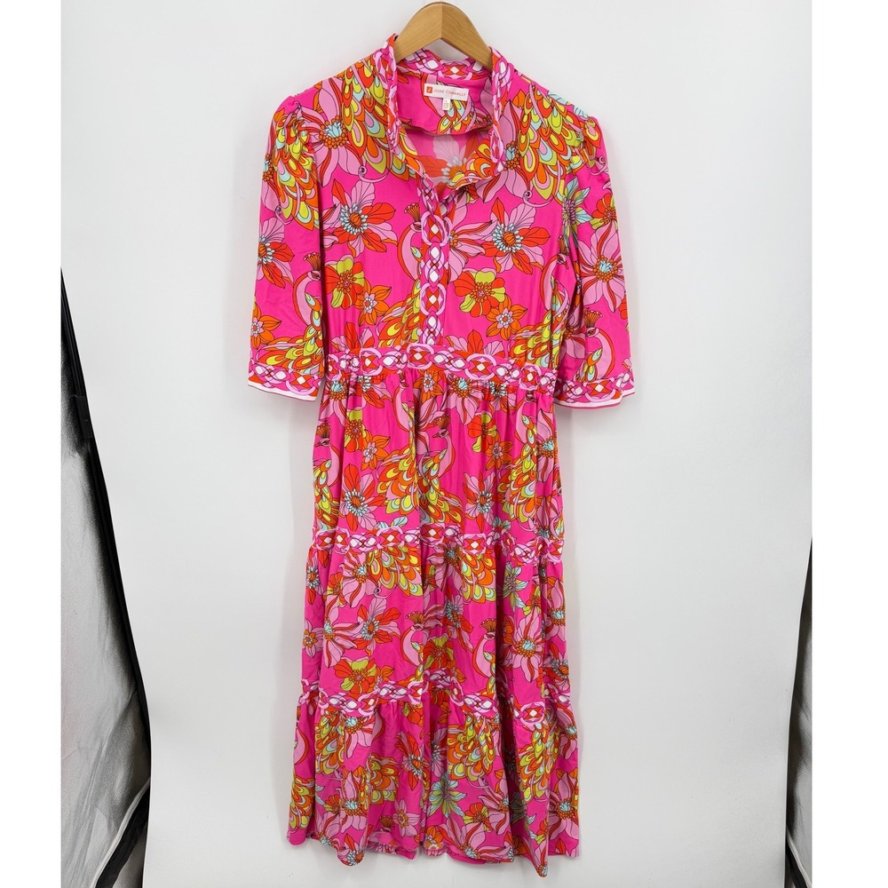 Jude Connally candy twirling Tiered Midi Dress L Pink Peacock Floral Pockets